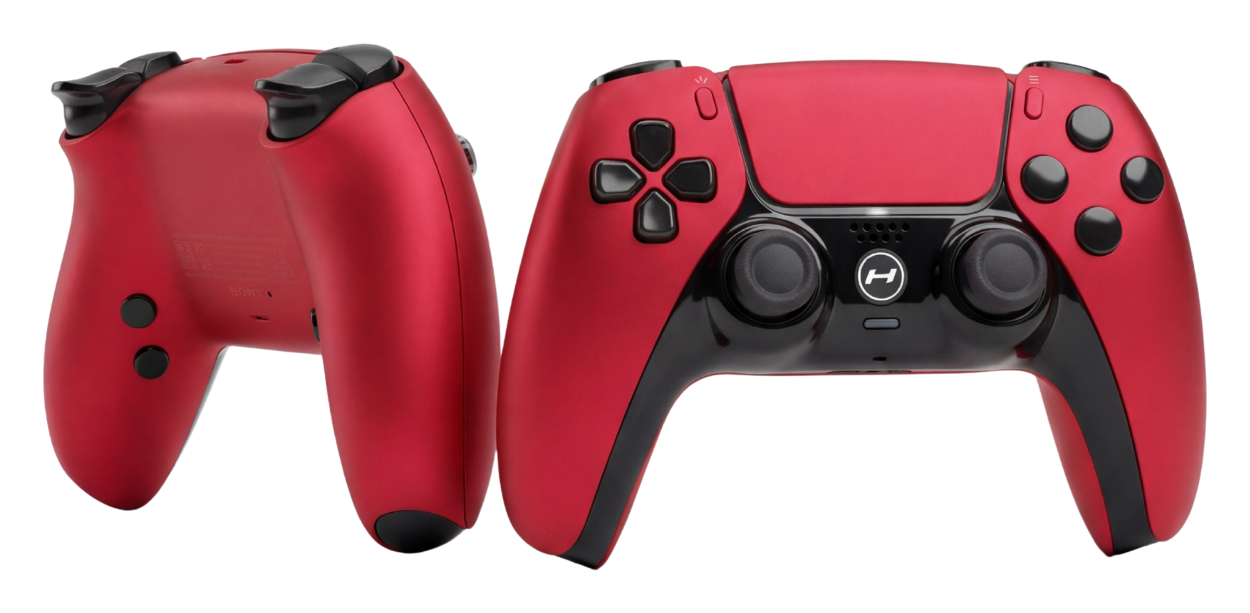 Red HYPR DualSense controller shown from the front and rear