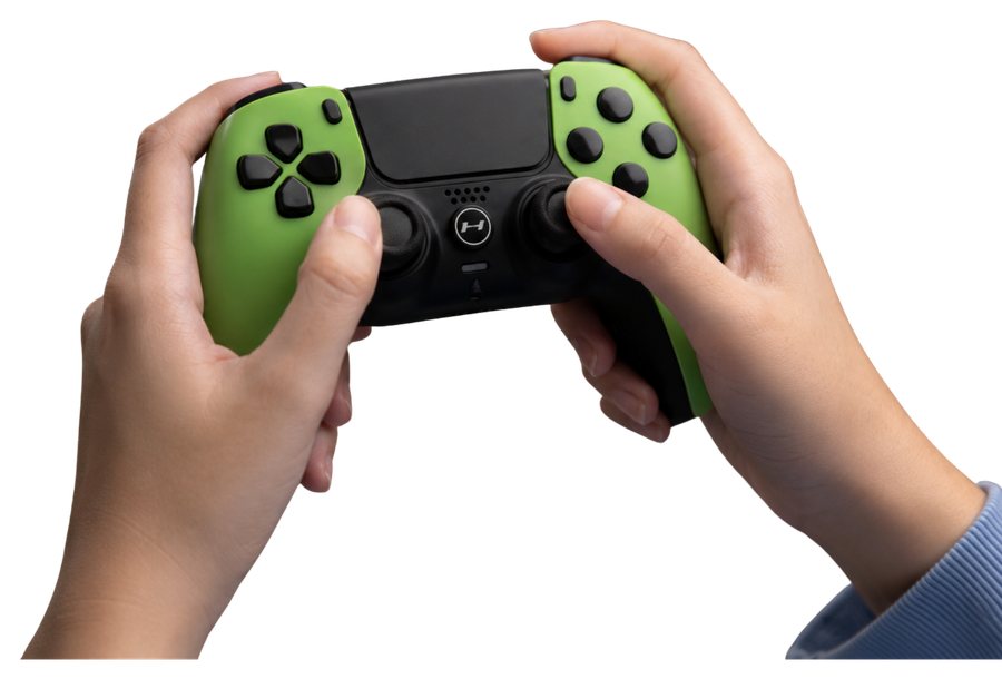 A player using a finished green HYPR controller