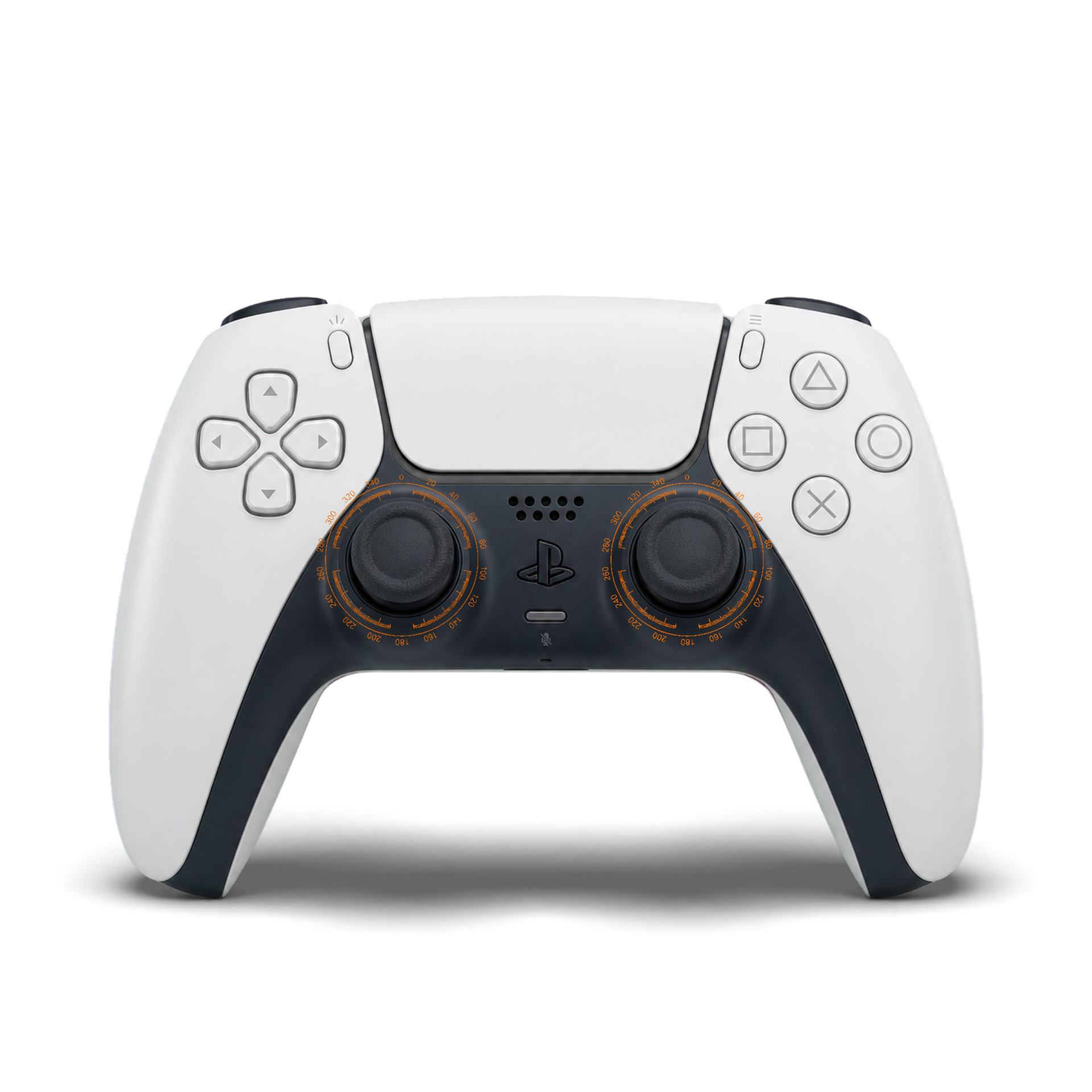 White PS5 DualSense controller showing the GuliKit 720 adjustable-tension TMR setup